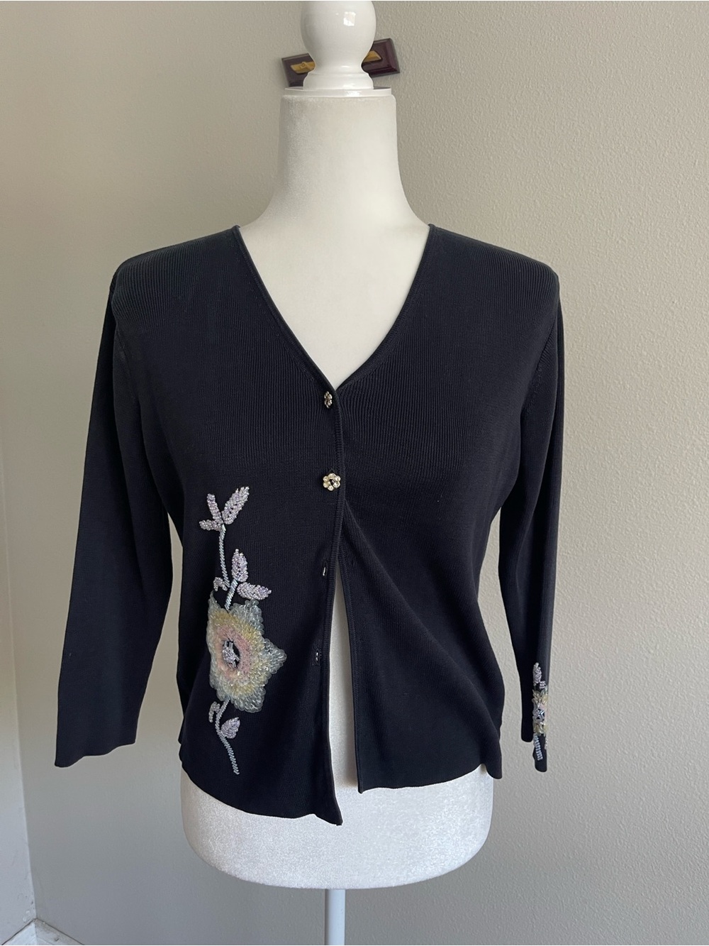 Joseph Black Silk V-Neck Floral Appliqué Cardigan